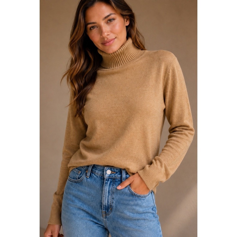 Talbots Italy 100% Merino Wool Turtleneck Sweater Camel Tan Long Sleeve Women's